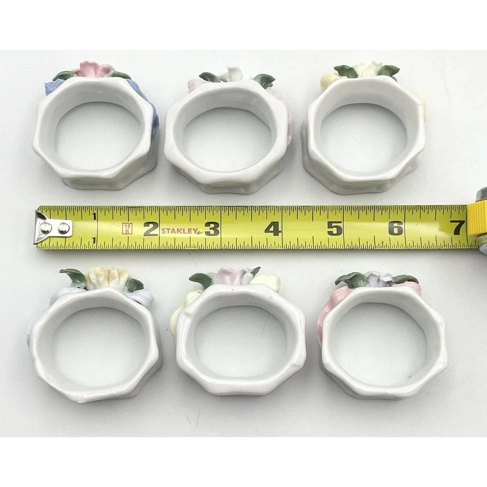 Vintage 1980s Porcelain Floral Napkin Rings Set of 6 Applied Flowers Pastel